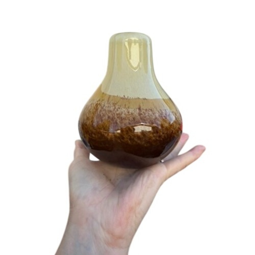 Vintage Hand Blown Art Glass Teardrop Vase Mottled Brown Amber Tortoise Shell